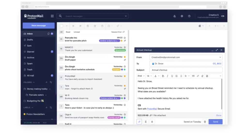 ProtonMail's 2026 user interface showcasing encrypted email composition and security features